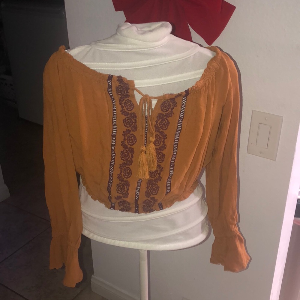 Papaya Mustard Embroidered Crop Top - medium